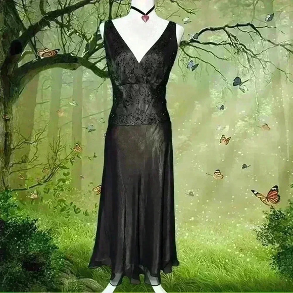 New York & Company Dresses & Skirts - Y2k 90s Whimsygoth Black Mesh Beaded Dress By Jones New York Size 16